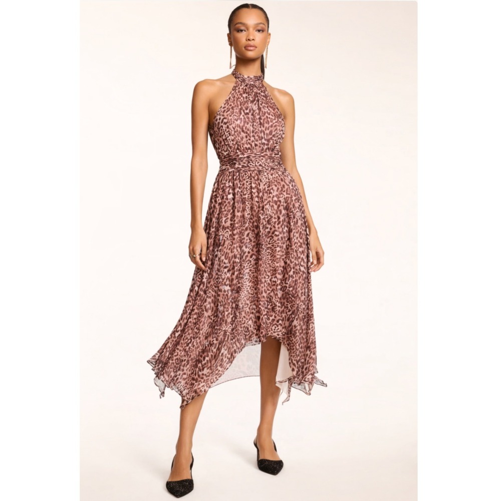 Ramy‎ Brook Halter Neck Leopard Print Silk Dress High Neck Midi
